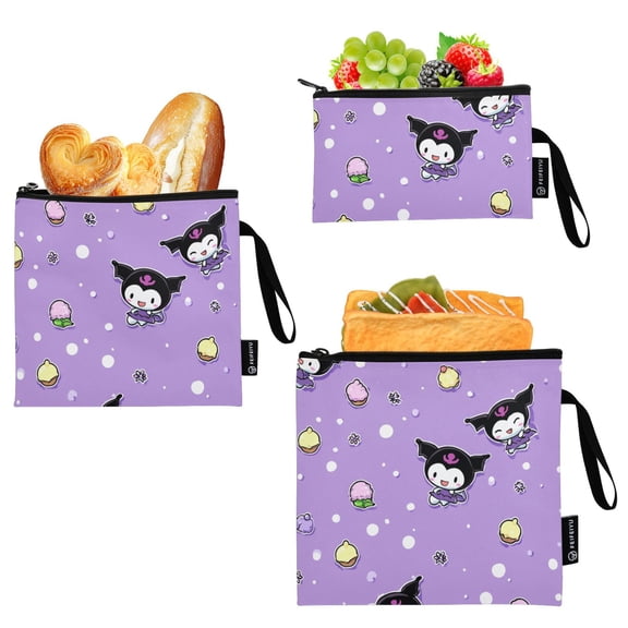 Haosy 3 Pack Reusable Ziploc Bags BPA Free Healthy Food Storage Bag Leakproof Sandwich Snack Freezer Bags Kuromi and Ice Cream