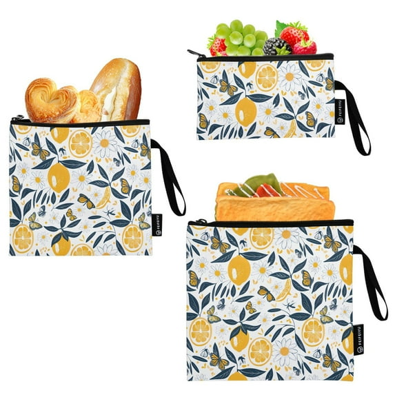 Haosy 3 Pack Reusable Ziploc Bags BPA Free Healthy Food Storage Bag Leakproof Sandwich Snack Freezer Bags Lemons Flowers Butterflies