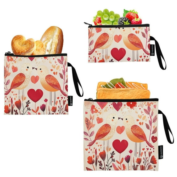 Haosy 3 Pack Reusable Ziploc Bags BPA Free Healthy Food Storage Bag Leakproof Sandwich Snack Freezer Bags Lovebirds with Flowers Vines Hearts