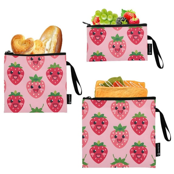 Haosy 3 Pack Reusable Ziploc Bags BPA Free Healthy Food Storage Bag Leakproof Sandwich Snack Freezer Bags Lovely Strawberry