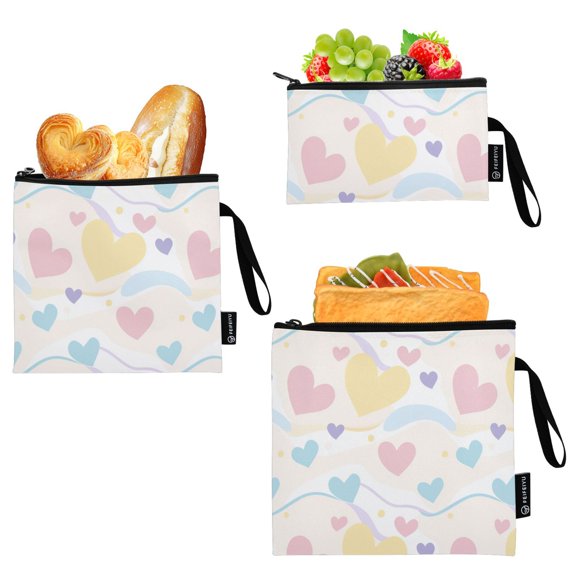Haosy 3 Pack Reusable Ziploc Bags BPA Free Healthy Food Storage Bag Leakproof Sandwich Snack Freezer Bags Pastel Cute Hearts and Ribbons