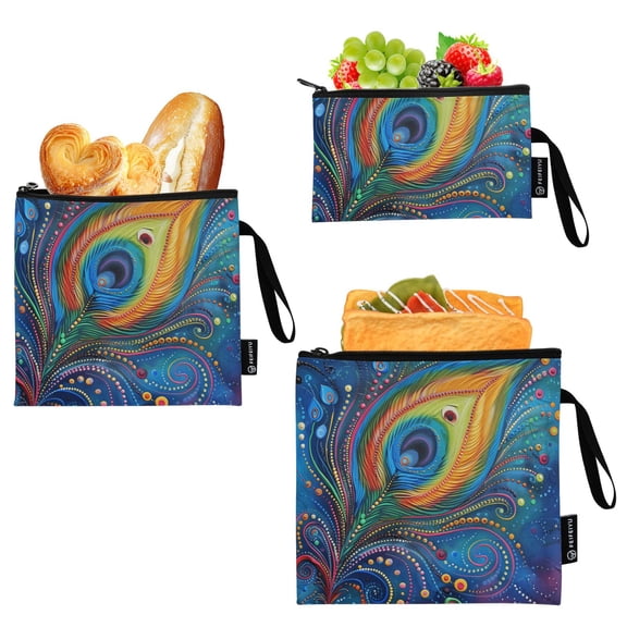 Haosy 3 Pack Reusable Ziploc Bags BPA Free Healthy Food Storage Bag Leakproof Sandwich Snack Freezer Bags Peacock Feather