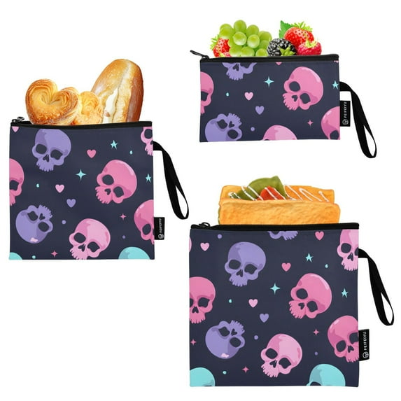 Haosy 3 Pack Reusable Ziploc Bags BPA Free Healthy Food Storage Bag Leakproof Sandwich Snack Freezer Bags Skull Head and Heart