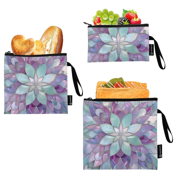 Haosy 3 Pack Reusable Ziploc Bags BPA Free Healthy Food Storage Bag Leakproof Sandwich Snack Freezer Bags Violet Floral Stained Glass