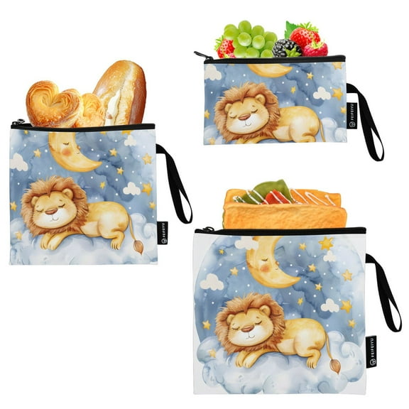 Haosy 3 Pack Reusable Ziploc Bags BPA Free Healthy Food Storage Bag Leakproof Sandwich Snack Freezer Bags Watercolor Cute Lion Sleeping