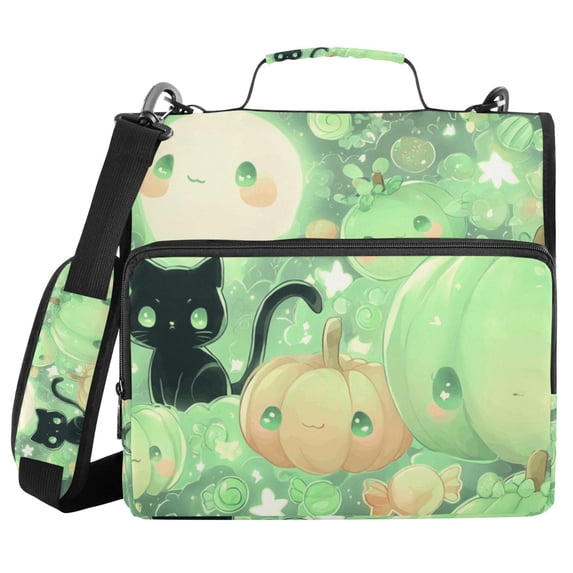 Haosy 3 Ring Zipper Binder with Shoulder Strap Waterproof Trapper Keeper 2 Inch D-Ring 500 Sheets Capacity, Adorable Green Pumpkin Cat