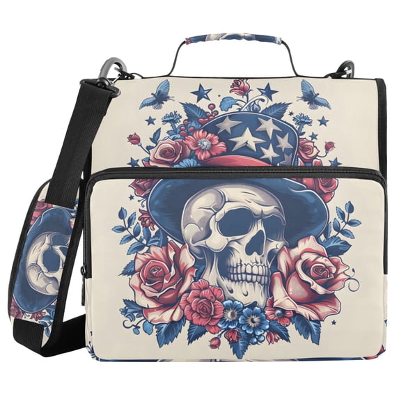 Haosy 3 Ring Zipper Binder with Shoulder Strap Waterproof Trapper Keeper 2 Inch D-Ring 500 Sheets Capacity, American Style Skull and Rose