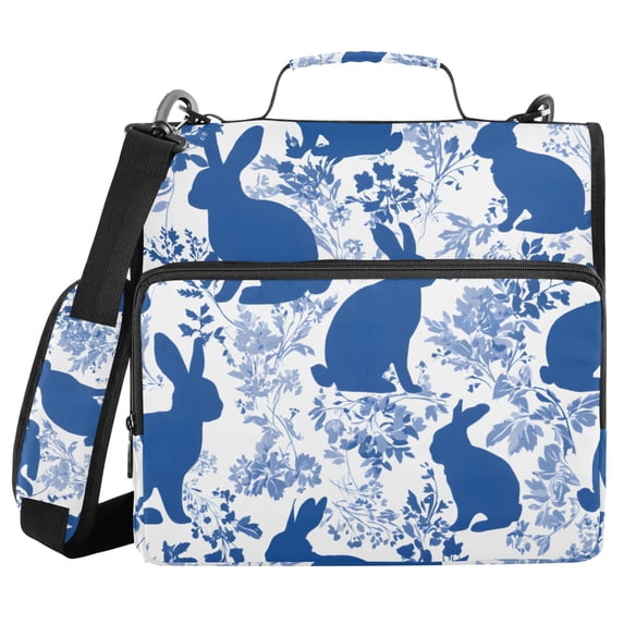 Haosy 3 Ring Zipper Binder with Shoulder Strap Waterproof Trapper Keeper 2 Inch D-Ring 500 Sheets Capacity, Blue Flower Easter Bunny Silhouette