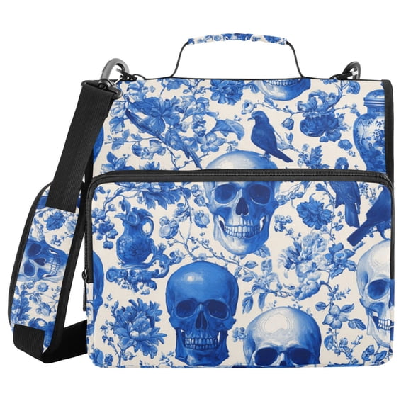 Haosy 3 Ring Zipper Binder with Shoulder Strap Waterproof Trapper Keeper 2 Inch D-Ring 500 Sheets Capacity, Blue Skull Bird Flower