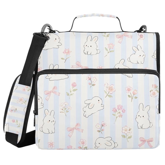 Haosy 3 Ring Zipper Binder with Shoulder Strap Waterproof Trapper Keeper 2 Inch D-Ring 500 Sheets Capacity, Bunnies Flowers Bow Striped
