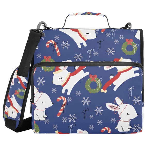 Haosy 3 Ring Zipper Binder with Shoulder Strap Waterproof Trapper Keeper 2 Inch D-Ring 500 Sheets Capacity, Cute Christmas Rabbit Blue