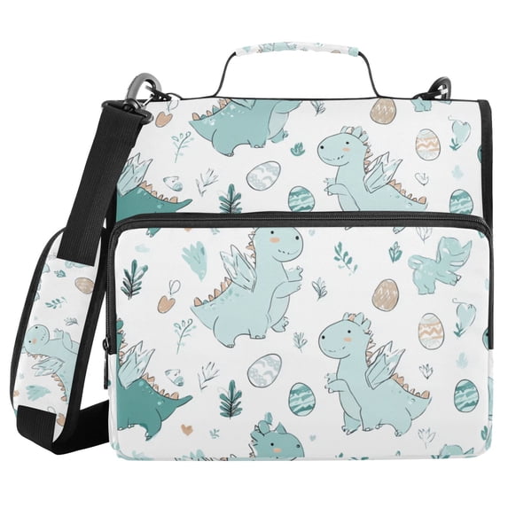 Haosy 3 Ring Zipper Binder with Shoulder Strap Waterproof Trapper Keeper 2 Inch D-Ring 500 Sheets Capacity, Cute Green Dinosaurs and Egg