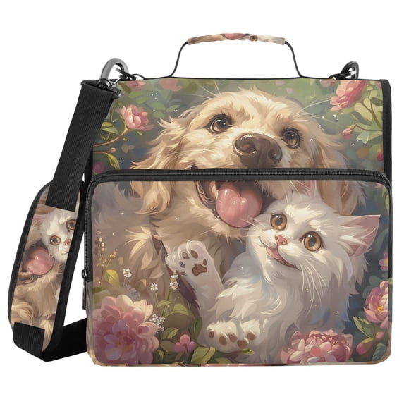 Haosy 3 Ring Zipper Binder with Shoulder Strap Waterproof Trapper Keeper 2 Inch D-Ring 500 Sheets Capacity, Dog Cat in Flowerbed