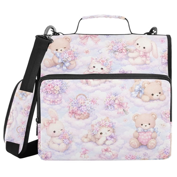Haosy 3 Ring Zipper Binder with Shoulder Strap Waterproof Trapper Keeper 2 Inch D-Ring 500 Sheets Capacity, Dreamy Teddy Bunnies on Clouds