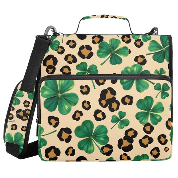 Haosy 3 Ring Zipper Binder with Shoulder Strap Waterproof Trapper Keeper 2 Inch D-Ring 500 Sheets Capacity, Four Leaf Clover Leopard