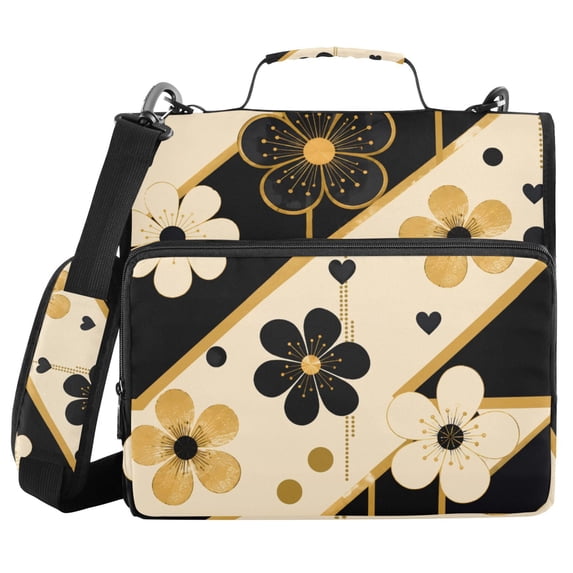 Haosy 3 Ring Zipper Binder with Shoulder Strap Waterproof Trapper Keeper 2 Inch D-Ring 500 Sheets Capacity, Gold Black Floral Heart