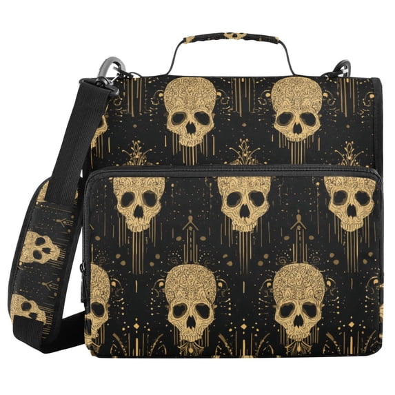 Haosy 3 Ring Zipper Binder with Shoulder Strap Waterproof Trapper Keeper 2 Inch D-Ring 500 Sheets Capacity, Gold Skull