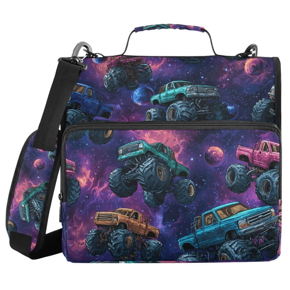 Haosy 3 Ring Zipper Binder with Shoulder Strap Waterproof Trapper Keeper 2 Inch D-Ring 500 Sheets Capacity, Monster Trucks in Space