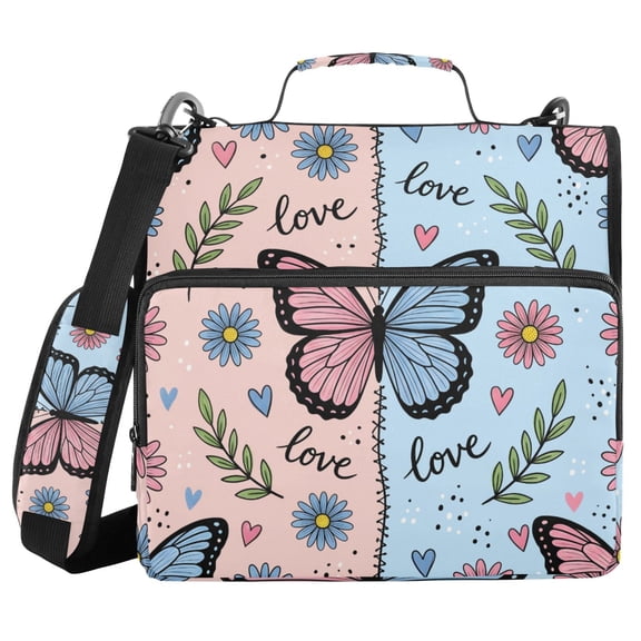 Haosy 3 Ring Zipper Binder with Shoulder Strap Waterproof Trapper Keeper 2 Inch D-Ring 500 Sheets Capacity, Pink Blue Butterfly Love