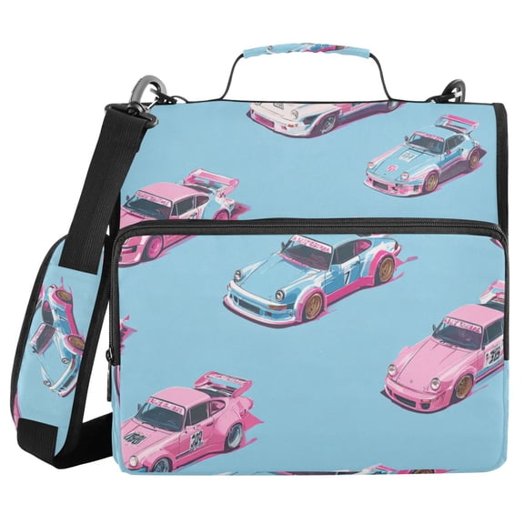 Haosy 3 Ring Zipper Binder with Shoulder Strap Waterproof Trapper Keeper 2 Inch D-Ring 500 Sheets Capacity, Pink Blue Race Cars