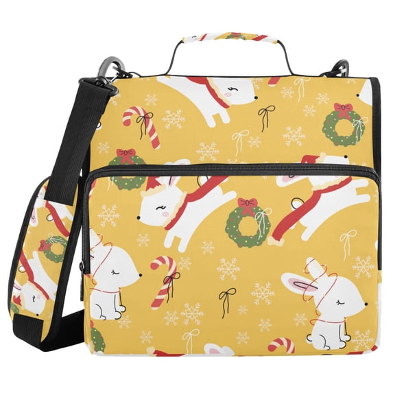 Haosy 3 Ring Zipper Binder with Shoulder Strap Waterproof Trapper Keeper 2 Inch D-Ring 500 Sheets Capacity, Rabbbit Wreath Bows Christmas