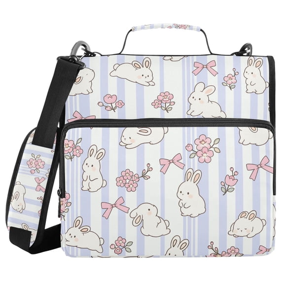 Haosy 3 Ring Zipper Binder with Shoulder Strap Waterproof Trapper Keeper 2 Inch D-Ring 500 Sheets Capacity, Rabbit Flower Bow Stripes