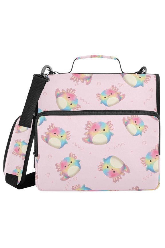 3 Ring Zipper Binder with Shoulder Strap Waterproof Trapper Keeper 2 Inch D-Ring 500 Sheets Capacity, Rainbow Axolotl