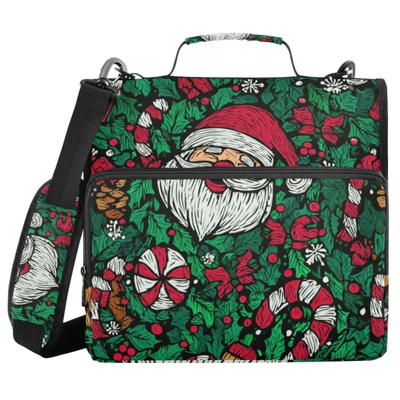 Haosy 3 Ring Zipper Binder with Shoulder Strap Waterproof Trapper Keeper 2 Inch D-Ring 500 Sheets Capacity, Santa Claus Candy Canes Holly Leaves