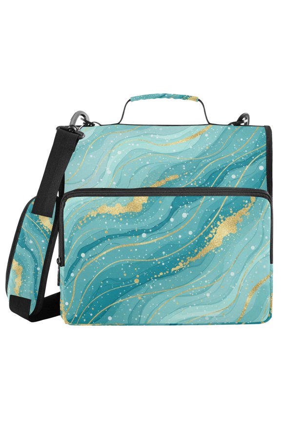 3 Ring Zipper Binder with Shoulder Strap Waterproof Trapper Keeper 2 Inch D-Ring 500 Sheets Capacity, Teal Green Gold Marble