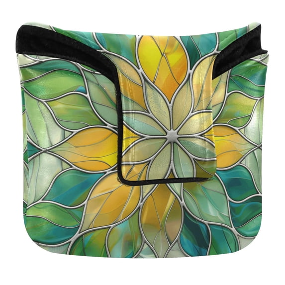 Haosy Abstract Yellow Green Floral Stained Glass Golf Mallet Putter Cover Strong Magnetic Leather Golf Club Headcover Closure