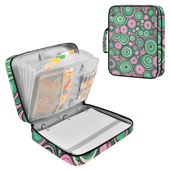 Haosy Accordion File Organizer Zipper Binder 500 Sheet 6-Tab Expanding File Folder Multi-Pocket 1.2 Inch 3 Ring Abstract Pink Green Circles