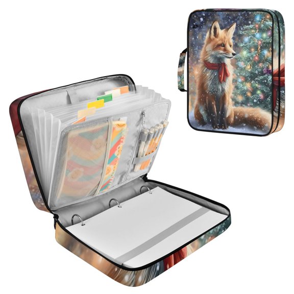 Haosy Accordion File Organizer Zipper Binder 500 Sheet 6-Tab Expanding File Folder Multi-Pocket 1.2 Inch 3 Ring Beautiful Fox with Christmas Tree