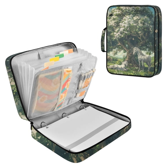 Haosy Accordion File Organizer Zipper Binder 500 Sheet 6-Tab Expanding File Folder Multi-Pocket 1.2 Inch 3 Ring Beautiful Tree with Unicorn