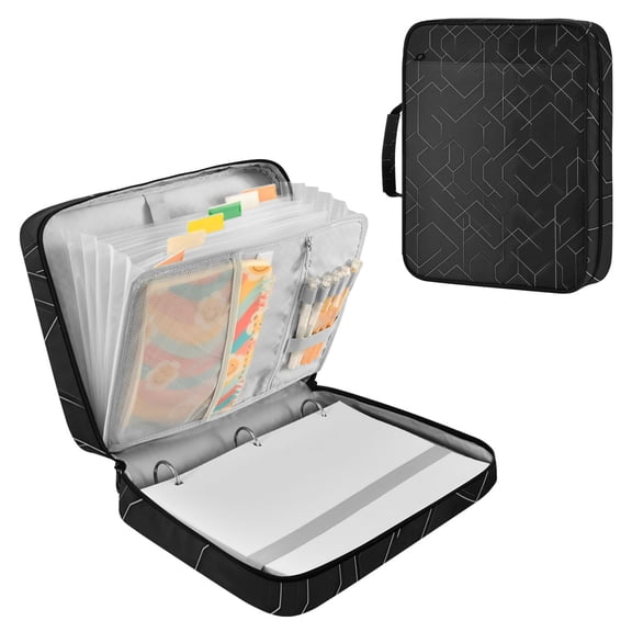 Haosy Accordion File Organizer Zipper Binder 500 Sheet 6-Tab Expanding File Folder Multi-Pocket 1.2 Inch 3 Ring Black Simple Geometric Lines