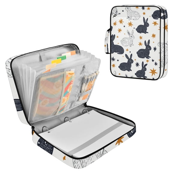 Haosy Accordion File Organizer Zipper Binder 500 Sheet 6-Tab Expanding File Folder Multi-Pocket 1.2 Inch 3 Ring Black White Rabbits and Stars