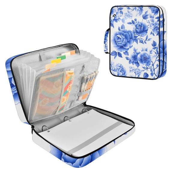 Haosy Accordion File Organizer Zipper Binder 500 Sheet 6-Tab Expanding File Folder Multi-Pocket 1.2 Inch 3 Ring Blue White Porcelain with Roses