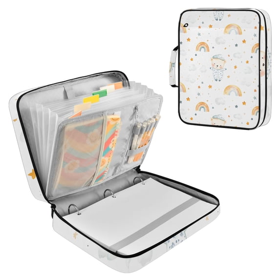 Haosy Accordion File Organizer Zipper Binder 500 Sheet 6-Tab Expanding File Folder Multi-Pocket 1.2 Inch 3 Ring Cartoon Bear Rainbow Star Cloud