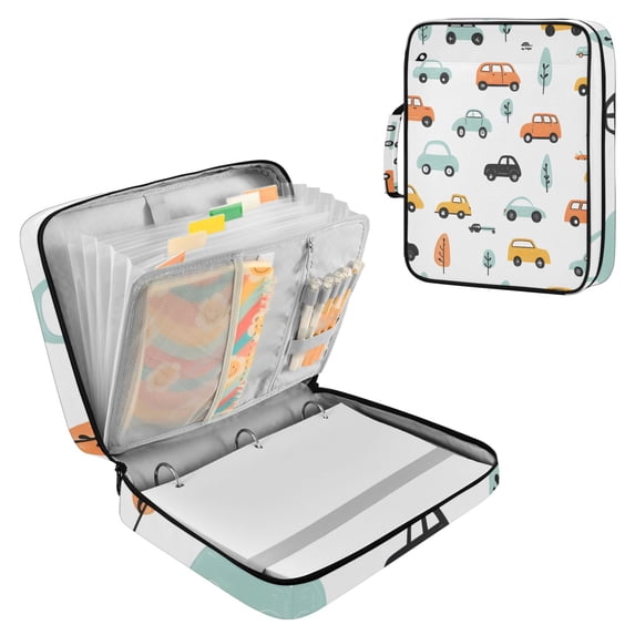 Haosy Accordion File Organizer Zipper Binder 500 Sheet 6-Tab Expanding File Folder Multi-Pocket 1.2 Inch 3 Ring Cartoon Cars and Tree