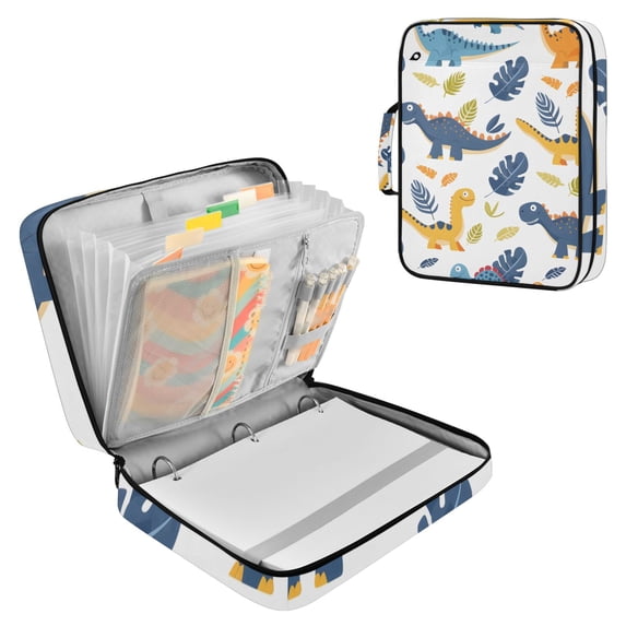 Haosy Accordion File Organizer Zipper Binder 500 Sheet 6-Tab Expanding File Folder Multi-Pocket 1.2 Inch 3 Ring Cartoon Dinosaur and Leaf