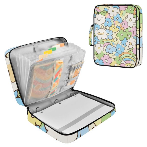 Haosy Accordion File Organizer Zipper Binder 500 Sheet 6-Tab Expanding File Folder Multi-Pocket 1.2 Inch 3 Ring Cartoon Flower Rainbow