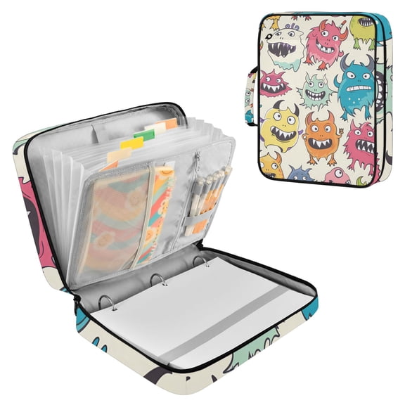 Haosy Accordion File Organizer Zipper Binder 500 Sheet 6-Tab Expanding File Folder Multi-Pocket 1.2 Inch 3 Ring Cartoon Lovely Monsters