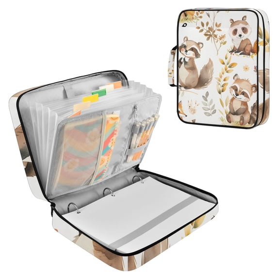 Haosy Accordion File Organizer Zipper Binder 500 Sheet 6-Tab Expanding File Folder Multi-Pocket 1.2 Inch 3 Ring Cartoon Raccoon Fox