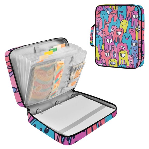 Haosy Accordion File Organizer Zipper Binder 500 Sheet 6-Tab Expanding File Folder Multi-Pocket 1.2 Inch 3 Ring Cartoon Teeth