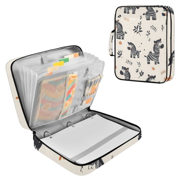 Haosy Accordion File Organizer Zipper Binder 500 Sheet 6-Tab Expanding File Folder Multi-Pocket 1.2 Inch 3 Ring Cartoon Zebras and Leaf