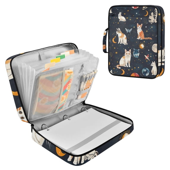 Haosy Accordion File Organizer Zipper Binder 500 Sheet 6-Tab Expanding File Folder Multi-Pocket 1.2 Inch 3 Ring Cat Butterfly in Space