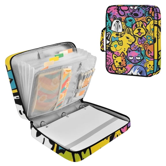 Haosy Accordion File Organizer Zipper Binder 500 Sheet 6-Tab Expanding File Folder Multi-Pocket 1.2 Inch 3 Ring Cat and Dog Graffiti