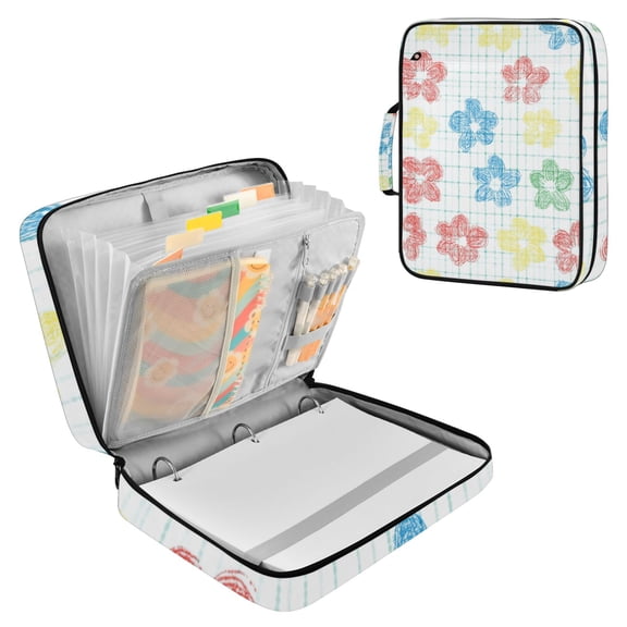 Haosy Accordion File Organizer Zipper Binder 500 Sheet 6-Tab Expanding File Folder Multi-Pocket 1.2 Inch 3 Ring Checkered Stripes with Hand Drawn Flower
