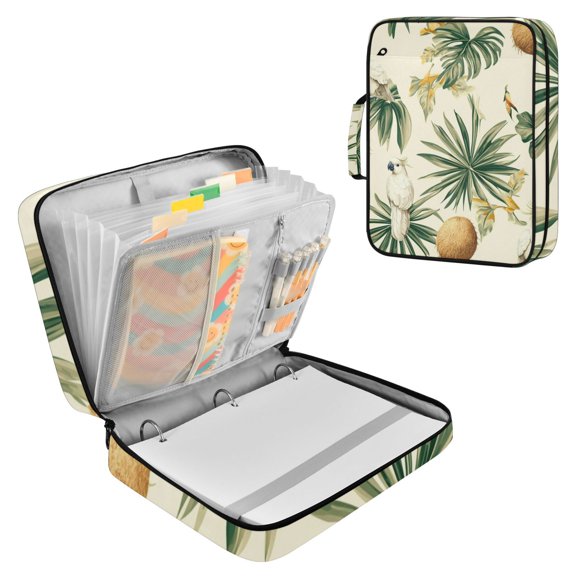 Haosy Accordion File Organizer Zipper Binder 500 Sheet 6-Tab Expanding File Folder Multi-Pocket 1.2 Inch 3 Ring Cockatoos Coconuts Leaf