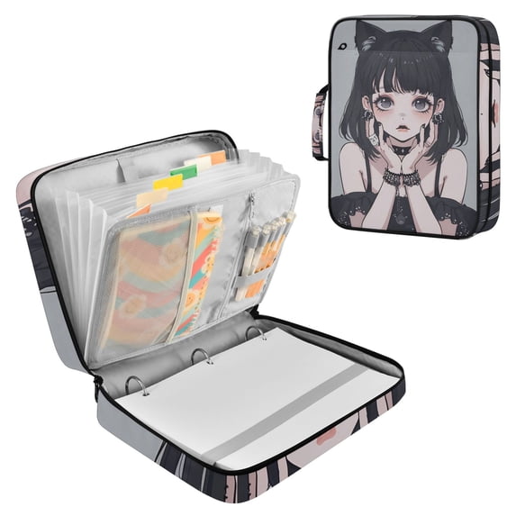 Haosy Accordion File Organizer Zipper Binder 500 Sheet 6-Tab Expanding File Folder Multi-Pocket 1.2 Inch 3 Ring Cool Girl with Cat Ear