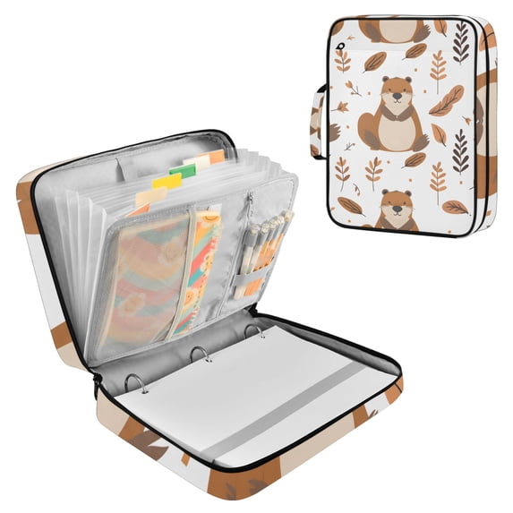 Haosy Accordion File Organizer Zipper Binder 500 Sheet 6-Tab Expanding File Folder Multi-Pocket 1.2 Inch 3 Ring Cute Beaver and Leaf